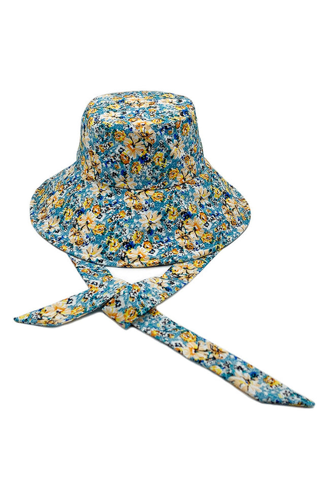 Turquoise FLORAL PRINT CHIN TIE BUCKET HAT features a precisely rendered floral print pattern and strategically placed chin ties for enhanced stability in various conditions. Engineered with advanced textiles that provide superior sun protection while maintaining optimal breathability. The structured brim offers consistent shade coverage, while the interior moisture-wicking band ensures comfort during extended wear. A versatile accessory that balances aesthetic appeal with functional performance.