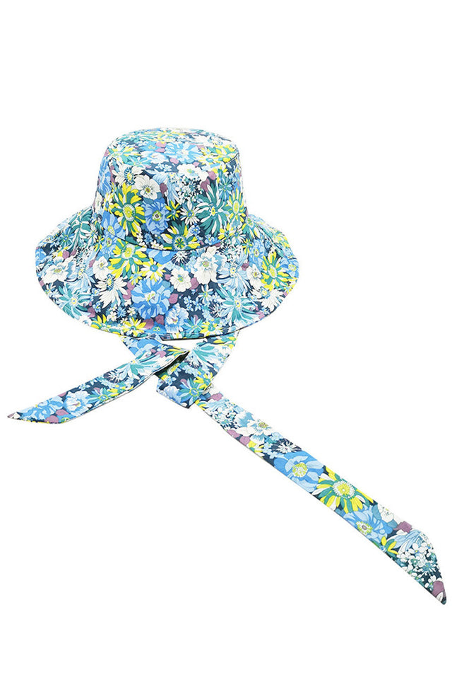 Blue Floral Print Chine Tie Bucket Hat features an intricate botanical pattern on premium fabric with a functional chin tie for secure positioning. The classic bucket silhouette provides optimal sun protection while the distinctive floral motif adds sophisticated visual interest. Expertly constructed with reinforced stitching for enhanced durability and shape retention. 