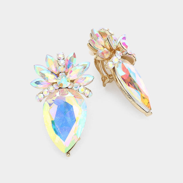 AB, Gold Floral Teardrop Crystal Clip On Earrings