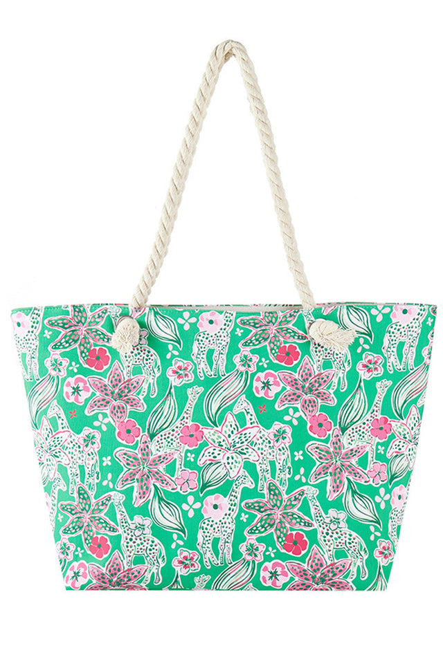 Multi Floral with Giraffe Illustration Print Tote Bag features a charming giraffe illustration set against a delicate floral pattern, combining artistic design with everyday functionality. Crafted from durable materials, it offers ample space for carrying essentials while adding a touch of nature-inspired elegance to your look. Ideal for shopping, work, or casual outings, this tote balances style and practicality with expert craftsmanship. 