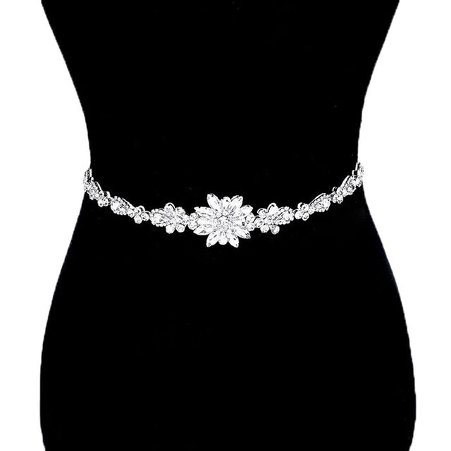 Clear Silver Felt Back Flower Centered Sash Ribbon Bridal Wedding Belt Headband. A timeless selection, this sparkling  Ribbon, Bridal Belt, Rhinestone Belt, Bridal Belt Sash, Wedding Belt is exceptionally elegant, adding an exquisite detail to your wedding dress or tie it on your hair for a glamorous to any outfit.