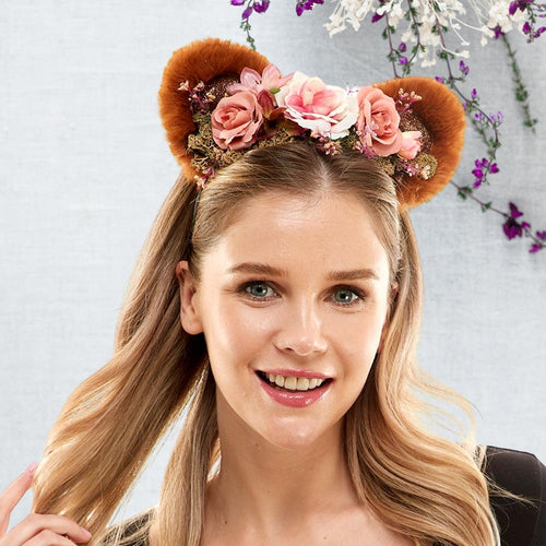 Flower Faux Fur Animal Ears Headband - Brown
