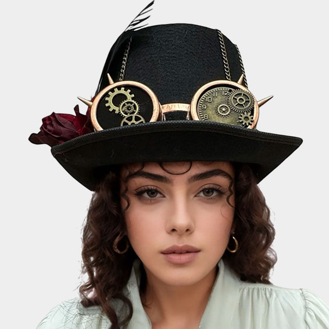 Black Flower Feather Spikey Goggles Accent Steampunk Halloween Costume Hat