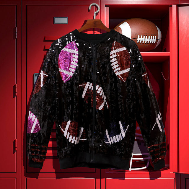 Black Football Sequin Long Sleeves Bomber Jacket