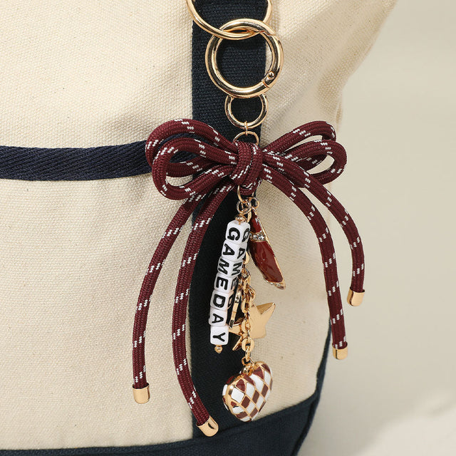 Burgundy, Gold, White Football Themed Charm GAME DAY Message Beaded Rope Bow Accent Keychain / Bag Charm