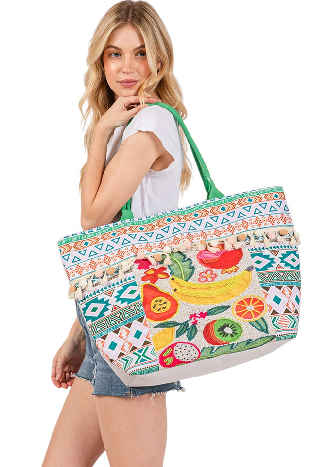 Fruits and Bead Print Aztec Pom Pom Tote Bag - Multicolor - Tote Bag