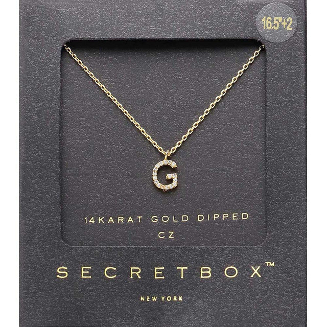 ~G~, Gold -G- Secret Box _ 14K Gold Dipped CZ Initial Monogram Pendant Necklace