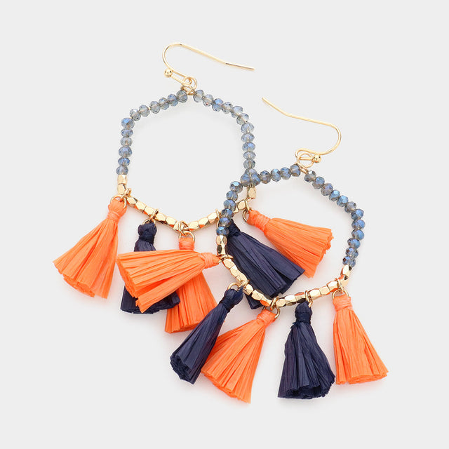 Navy, Orange Game Day Beaded Open Hexagon Raffia Tassel Link Dangle Earrings