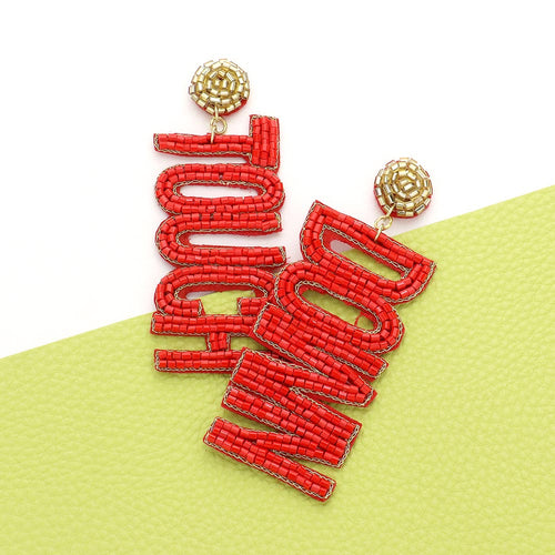 Game Day Felt Back Beaded Touch Down Message Dangle Earrings - Gold, Red