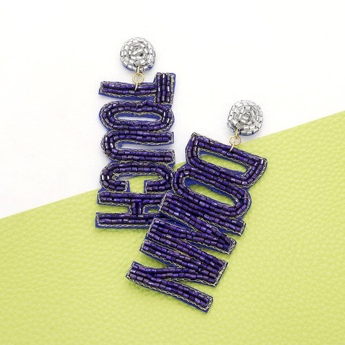 Game Day Felt Back Beaded Touch Down Message Dangle Earrings - Navy, Silver