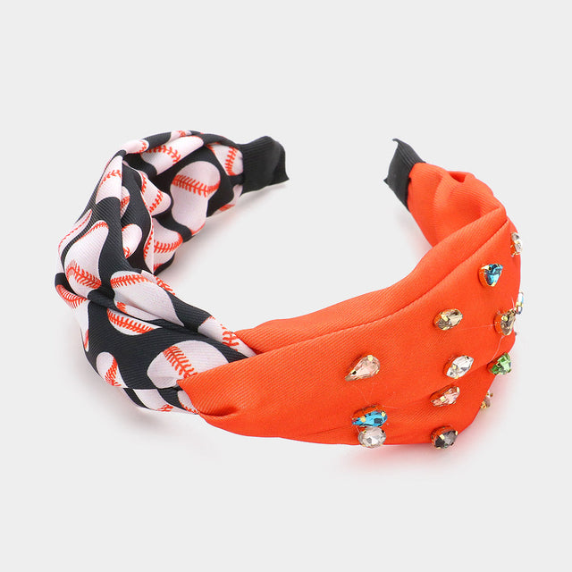 Black, Orange Game Day Multi Stone Embellished Baseball Patterned Twisted Headband