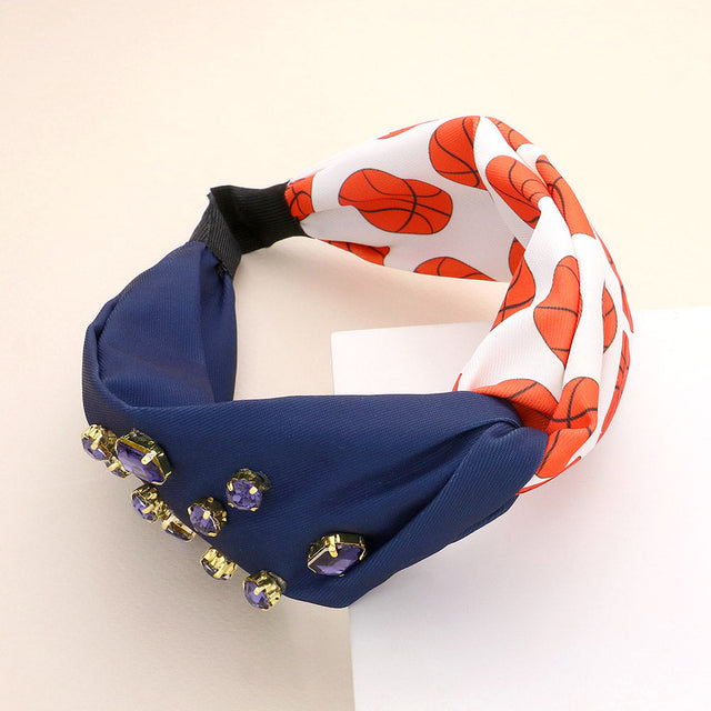 Navy, White Game Day Multi Stone Embellished Basketball Patterned Twisted Headband