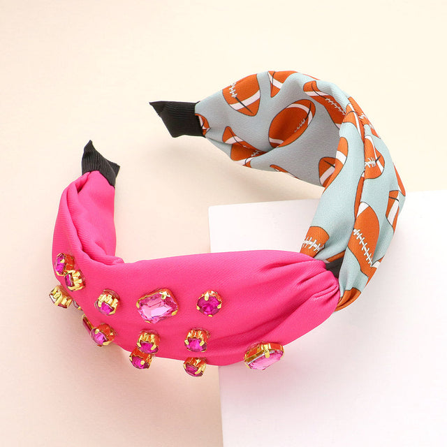 Gray, Pink Game Day Multi Stone Embellished Football Patterned Twisted Headband