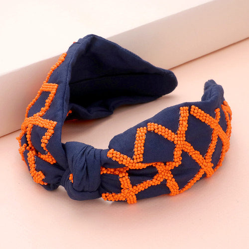 Game Day Seed Beaded Check Patterned Knot Burnout Headband - Navy, Orange