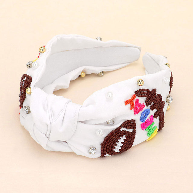 White Gameday Football Seed Beaded Pearl Metal Ball Stone Cluster Embellished Knot Headband
