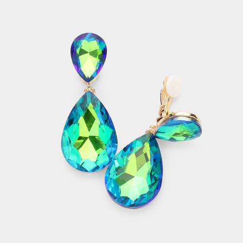 Women's Glass Crystal Double Teardrop Clip on Evening Dangle Earrings - AB, Olive Green