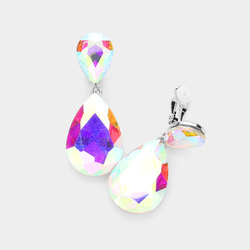 Women's Glass Crystal Double Teardrop Clip on Evening Dangle Earrings - AB, Silver
