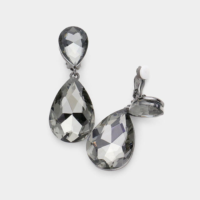 Black Diamond Glass Crystal Double Teardrop Clip on Evening Earrings