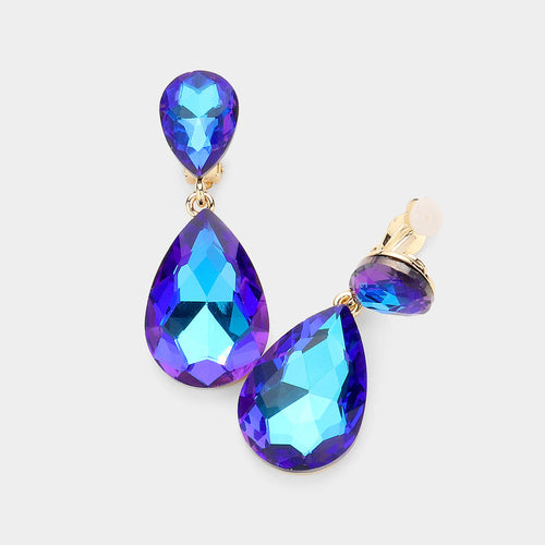 Women's Glass Crystal Double Teardrop Clip on Evening Dangle Earrings - Blue