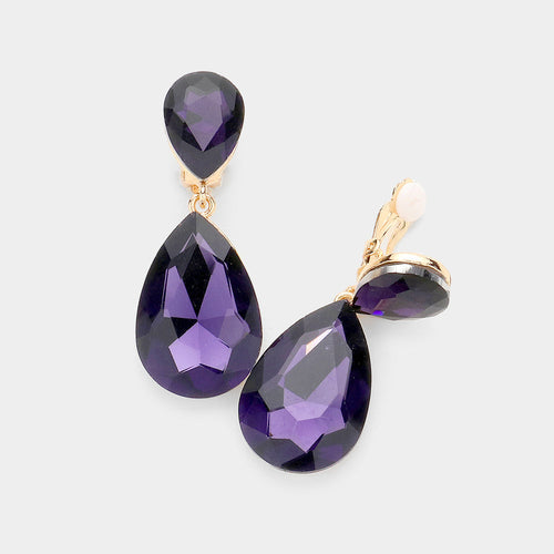 Women's Glass Crystal Double Teardrop Clip on Evening Dangle Earrings - Dark, Purple
