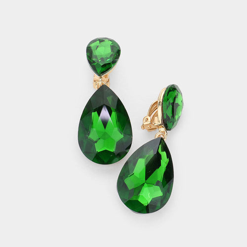 Women's Glass Crystal Double Teardrop Clip on Evening Dangle Earrings - Olive Green