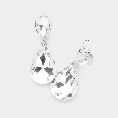 Women's Glass Crystal Double Teardrop Clip on Evening Dangle Earrings - Silver