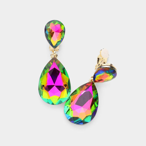 Women's Glass Crystal Double Teardrop Clip on Evening Dangle Earrings - Vitrail Medium