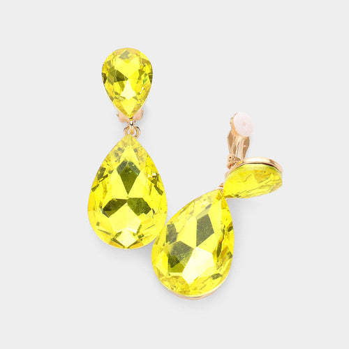Women's Glass Crystal Double Teardrop Clip on Evening Dangle Earrings - Yellow