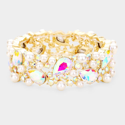 Glass Crystal Teardrop Pearl Stretch Bracelet - AB, Gold