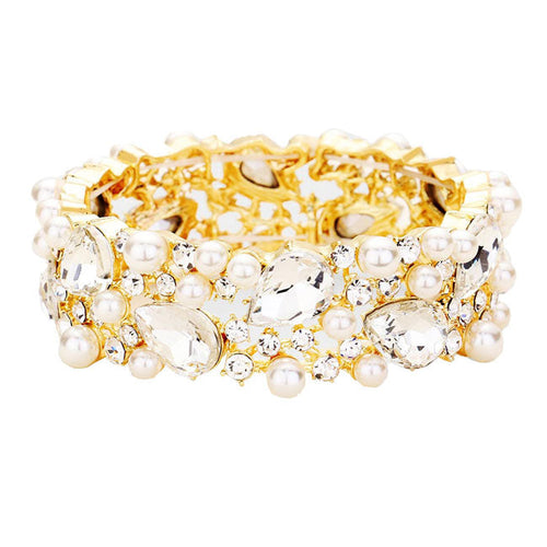 Glass Crystal Teardrop Pearl Stretch Bracelet - Clear Cream Gold