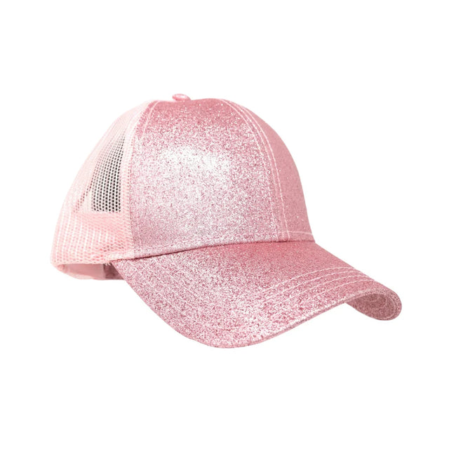 Pink Glitter High Ponytail CC Ball Cap combines practical design with a stylish touch. Featuring a high ponytail opening, it allows for comfortable wear without compromising your hairstyle. The subtle glitter finish adds a refined sparkle, making it suitable for both active and casual settings. Crafted for durability and comfort, this cap is an excellent choice for those seeking a functional accessory with a polished look. 