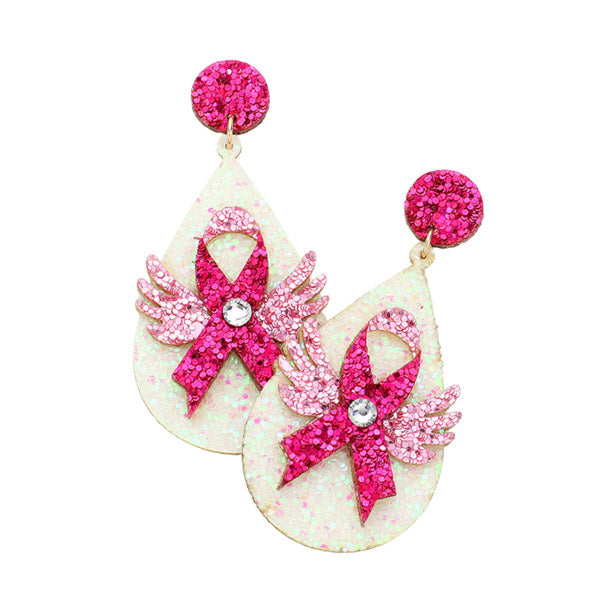 Show your support for breast cancer awareness with Glittered Angel Wing Pink Ribbon Teardrop Earrings. They add a touch of grace to any outfit. Show your support by wearing these lovely earrings. A meaningful symbol of support, birthdays, Breast Cancer Awareness Month, saying "thank you," or simply to demonstrate care.