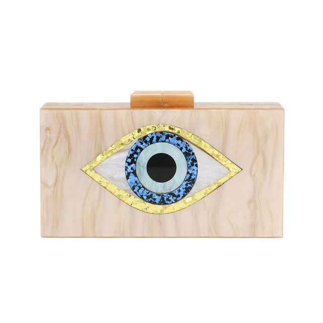 This Champagne Glittered Evil Eye Celluloid Acetate Clutch Crossbody Bag will make you the star of the show! This eye-catching bag is studded with glitter, and is made with durable celluloid acetate to last you a lifetime. Perfect gift ideas for a birthday, Christmas, anniversary, Valentine's Day, or any special occasion.