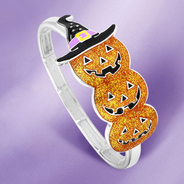 Multi, Silver Glittered Halloween Pumpkin Witch Hat Stretch Bracelet