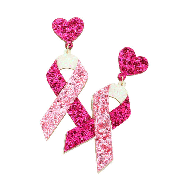 Glittered Heart Pink Ribbon Dangle Earrings
