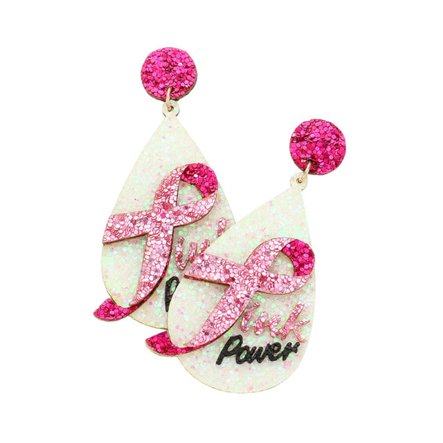 Glittered Pink Power Message Ribbon Teardrop Earrings - Pink - Earrings