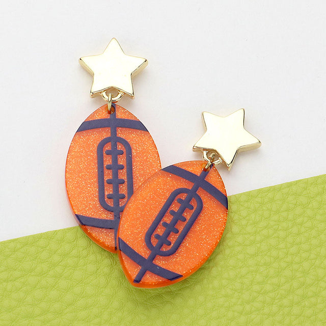Navy, Orange Glittered Resin Game Day Football Dangle Earrings