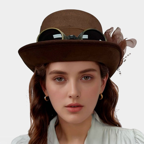 Goggles Flower Decorated Steampunk Halloween Costume Hat - Brown
