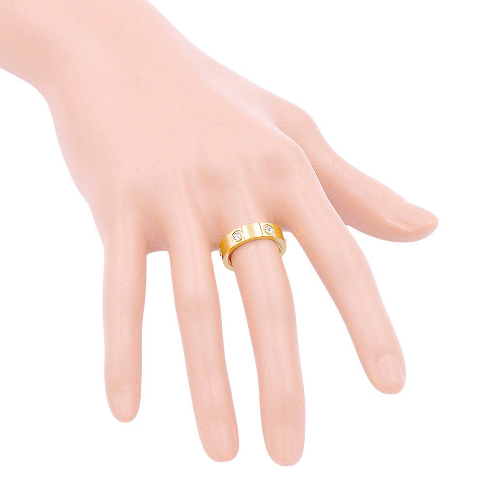 Gold-Stone Embellished Stainless Steel Band Ring is an elegant and durable accessory. The stainless steel material offers strength and resistance to tarnishing, while the stone embellishments add a touch of sophistication. Perfect for everyday wear or special occasions.