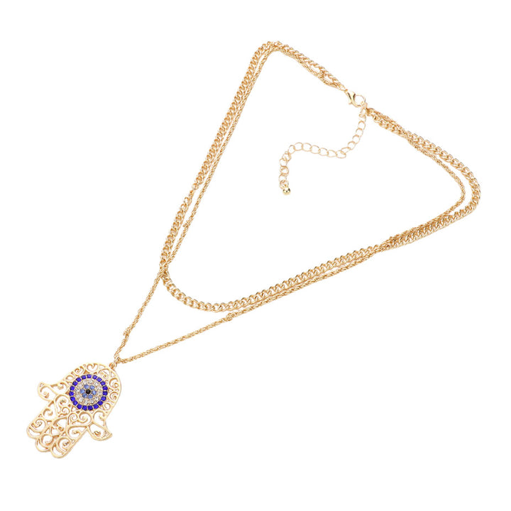 Ward off bad vibes in style with this Rhinestone Evil Eye Filigree Hamsa Pendant Layered Necklace! Featuring a sparkling evil eye and intricate filigree hamsa, it's the perfect way to protect yourself in a fashionable way. Perfect Birthday Gift, Anniversary Gift, Christmas Gift, Regalo Cumpleanos, Regalo Navidad, etc