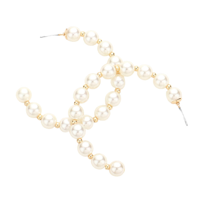 Cream Pearl Metal Ball 2 Inch Hoop Earrings make a luxurious addition to any ensemble, featuring 2 inch metal hoops with pearl balls at the bottom. Make a statement and enhance any look. Ideal Birthday Gift, Anniversary Gift, Christmas Gift, Mothers Day Gift, Valentine's Day Gift. Regalo Navidad, Regalo Cumpleanos