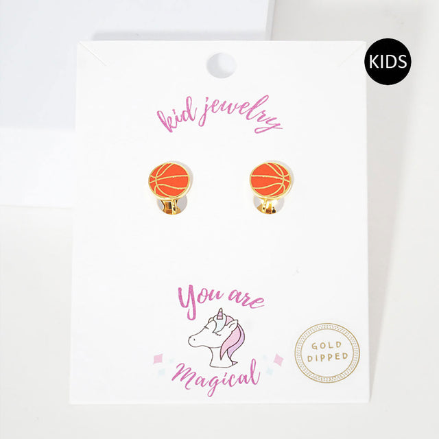 Orange Gold Dipped Enamel Basketball Clip on Kids Earrings