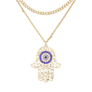 Ward off bad vibes in style with this Rhinestone Evil Eye Filigree Hamsa Pendant Layered Necklace! Featuring a sparkling evil eye and intricate filigree hamsa, it's the perfect way to protect yourself in a fashionable way. Perfect Birthday Gift, Anniversary Gift, Christmas Gift, Regalo Cumpleanos, Regalo Navidad, etc