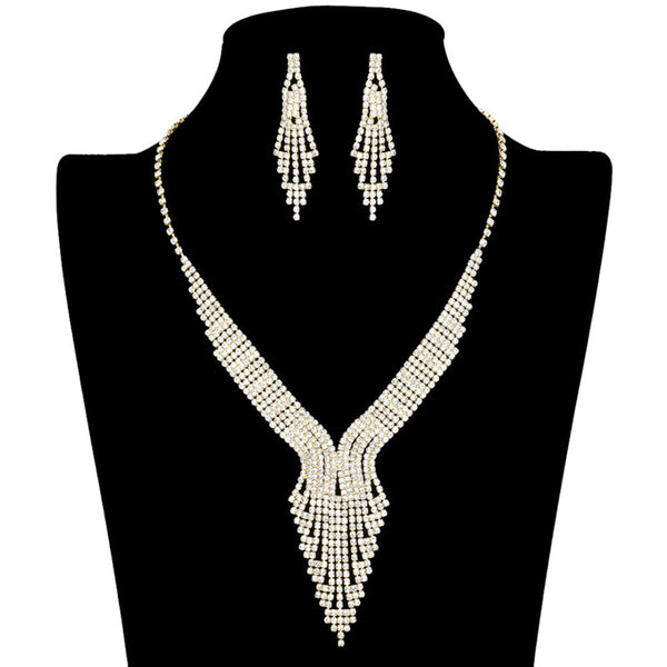 gold Rhinestone Pave Necklace Earring Set will be sure to add an air of timeless elegance, wear it with your favorite evening attire for an unbeatable combo of glitz and glamour. Perfect Birthday Gift, Christmas Gift, Anniversary Gift, Prom, Valentine's Day Gift, Regalo Cumpleanos, Aniversario, Regalo Navidad