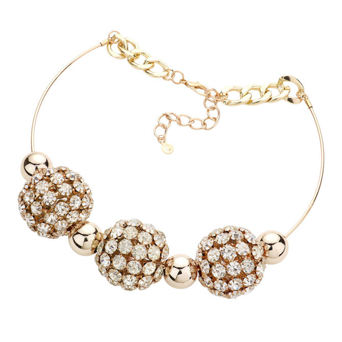 Exquisite Clear Stone Cluster Gold Triple Ball Accented Choker Necklace Earring Set. Its dazzling design features three intricate ball accents embedded in a cluster of glimmering stones for a shimmering statement piece. Perfect for Weddings, Birthday Gift, Anniversary, Christmas Gift, Regalos de: Cumpleanos, Navidad, Anniversario