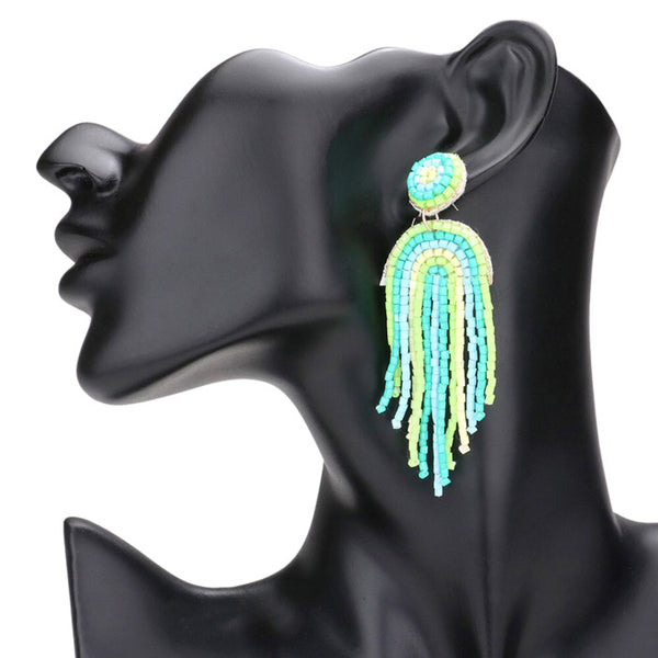 vibrant Colorful multi green Beaded Fringed Dangle Earrings. These eye-catching accessories feature handmade beads that come in a wide variety of colors and create a unique look. Perfect gift for Birthdays, Anniversaries, Mother's Day, Graduation, Regalo Cumpleanos, Regalo Navidad, etc.