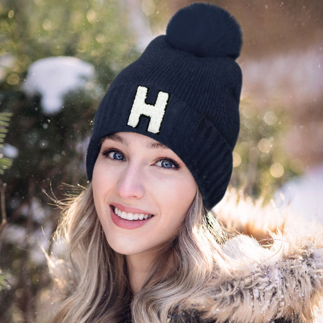 Navy -H- Initial Monogram Faux Fur Pom Pom Knit Beanie Hat