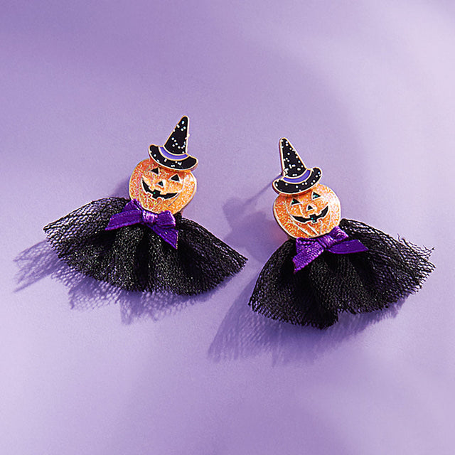 Jet Black Halloween Pumpkin with Bow Earrings