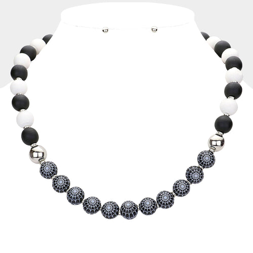 Halloween Spider Web Accented Wood Beaded Necklace - Black