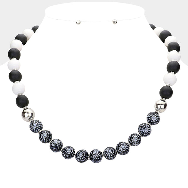 Black Halloween Spider Web Accented Wood Beaded Necklace